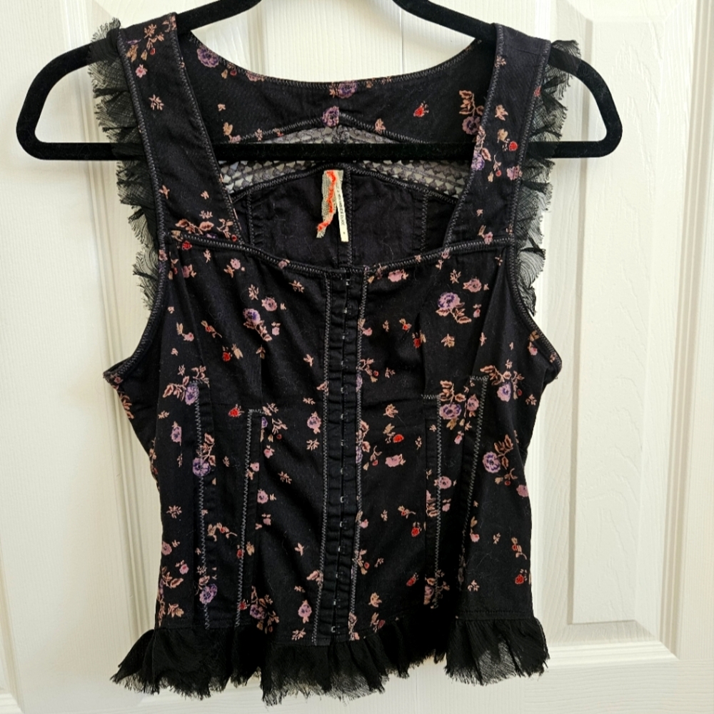 Free People Black Floral Lace-Trim Tank Top